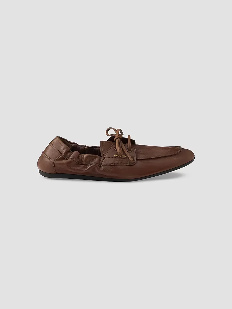 Shuffle Antiqued Leather Boat Loafers by Prada