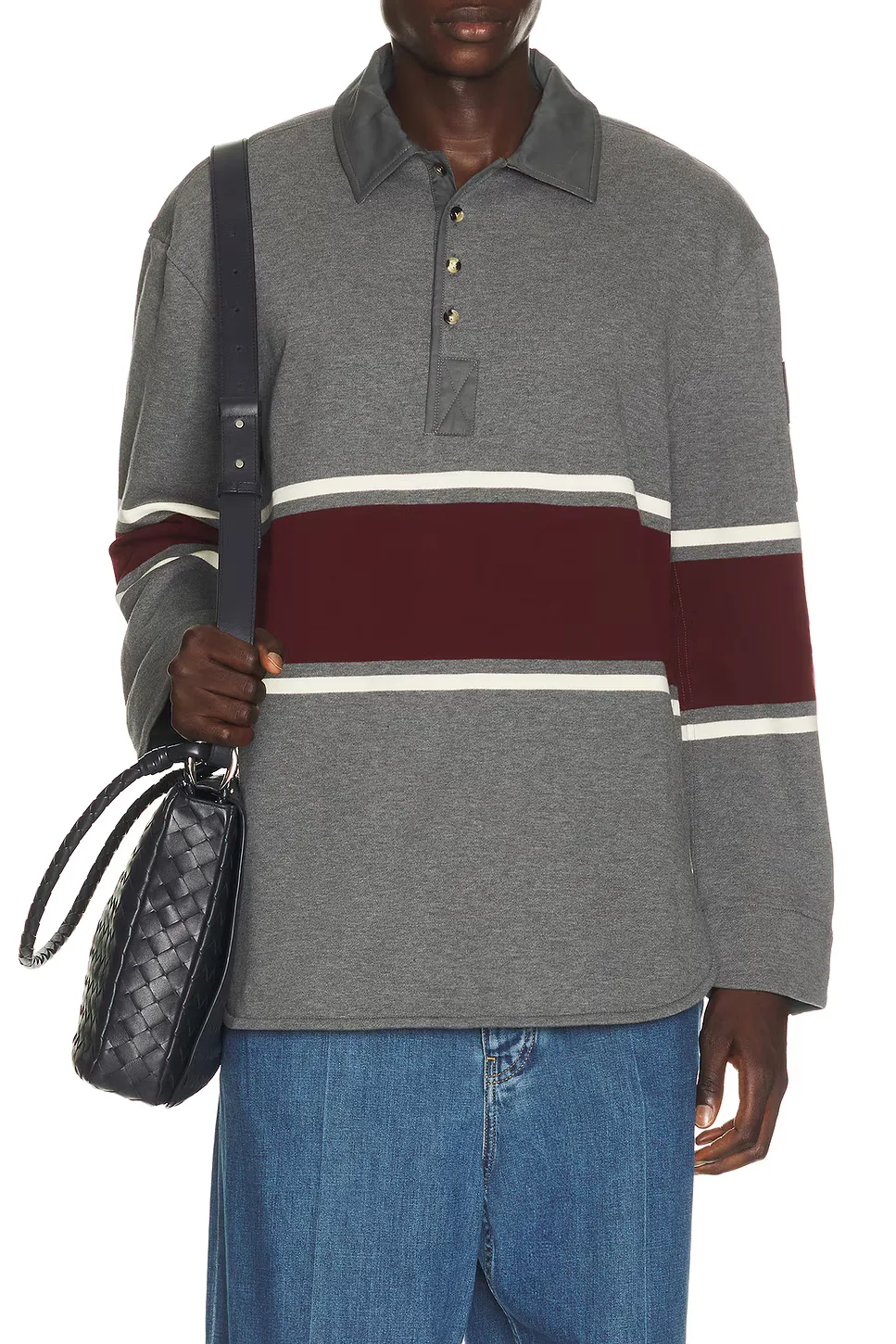 Light Cotton Fleece Long Sleeve Polo Intrecciato Tab by Bottega Veneta
