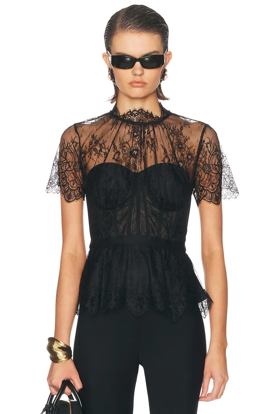 Kehlani Lingerie Lace Short Sleeve Bustier Top by Simkhai