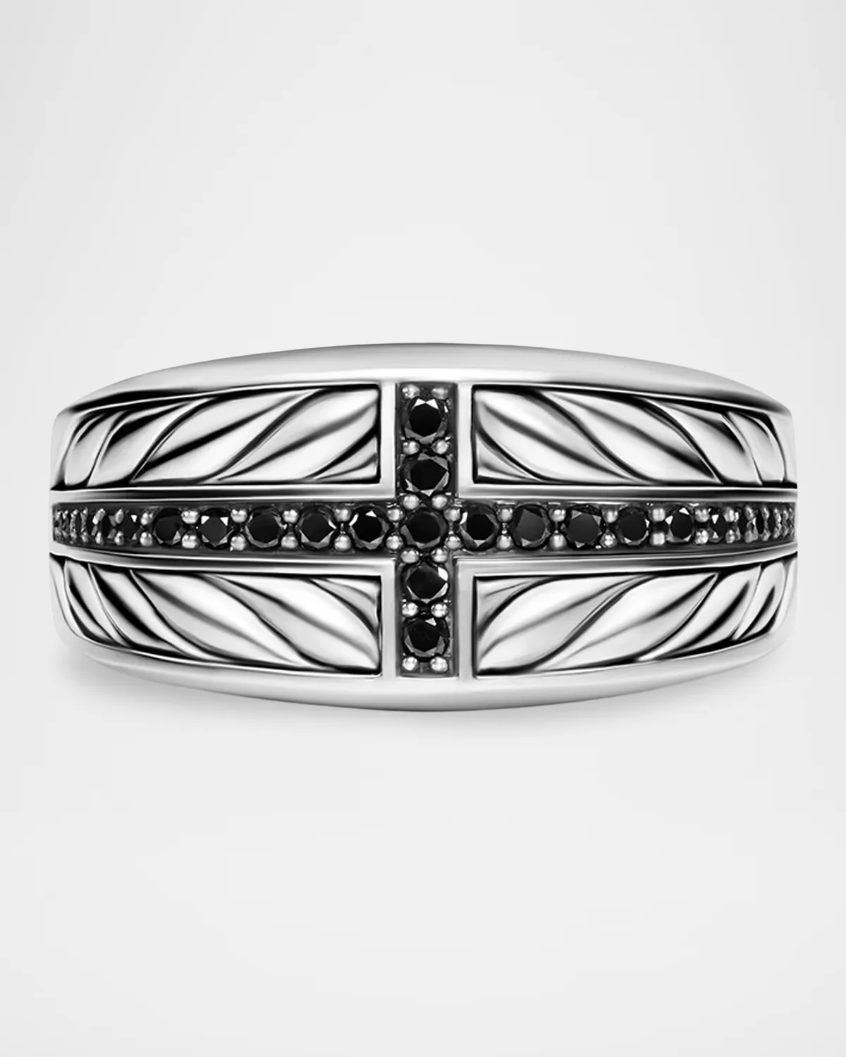 Chevron Three Sided Signet Ring in Sterling Silver with Black Diamonds, 12.5mm