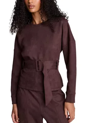 Long Sleeve Belted Faux Suede Top by Kenneth Cole