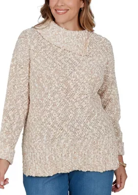 Split Cowl Neck Marled Popcorn Pullover Sweater by Ruby Rd