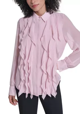 Ruffle Front Long Sleeve Blouse by Karl Lagerfeld