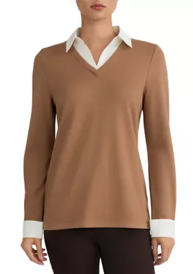 Long Sleeve Twofer Serenity Knit V-Neck Top by Jones New York