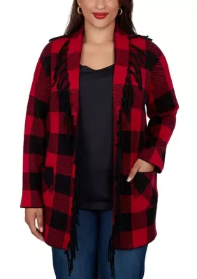 Buffalo Plaid Fringe Shawl Cardigan by Ruby Rd