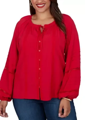 Lace Appliqué Button Front Peasant Top