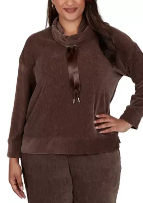 Satin Drawstring Cowl Neck Velveteen Top by Ruby Rd