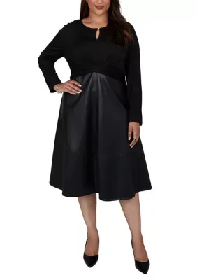 Faux Leather Trim Fit-and-Flare Ponte Dress by Ruby Rd