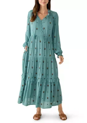 Long Sleeve Tiered Embroidered Maxi Dress by Wonderly