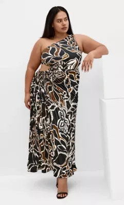 Alice Mono Print One Shoulder Pleat Maxi Dress by City Chic
