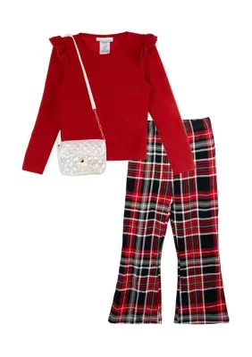 Lurex Rib Knit Shirt and Plaid Pants Set with Bag by Tween Diva