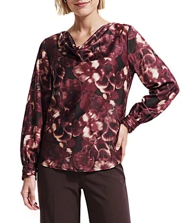 Drape Neck Floral Satin Long Sleeve Blouse by Anne Klein