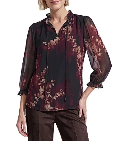 Ruffle Neck 34 Sleeve Floral Print Chiffon by Anne Klein