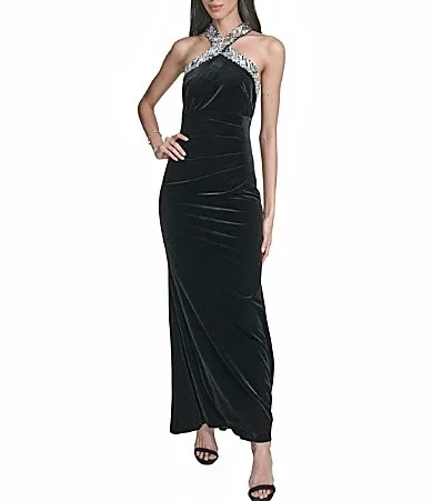 Halter Jeweled Neck Velvet Column Gown