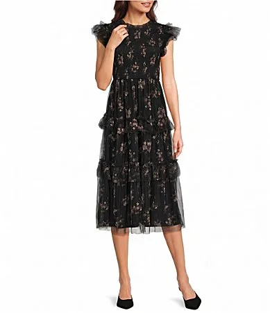 Floral Printed Smocked Short Sleeve Tiered Ruffle Midi Dress by Blu Pepper