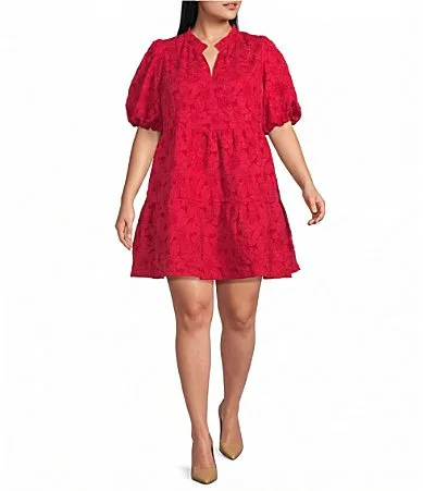Jacey Floral Jacquard Split V-Neck Short Sleeve Tiered Mini Shift Dress by Sugarlips
