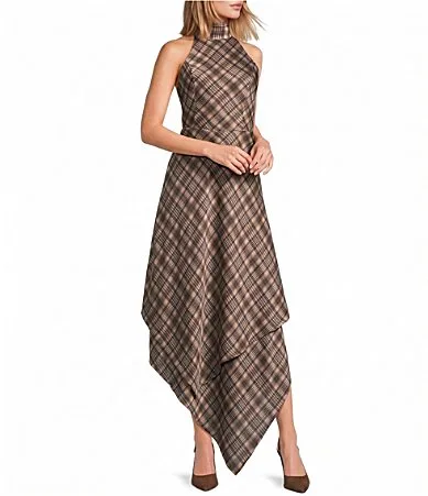 Gretal Plaid Printed Halter Neck Sleeveless Asymmetric Hem Midi Dress by Sugarlips
