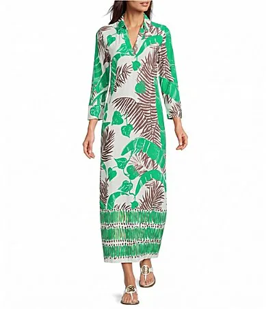 Mandi Leaf Engineered Print Collar Split V-Neck 34 Sleeve Oversized Midi Dress by Lilly Pulitzer