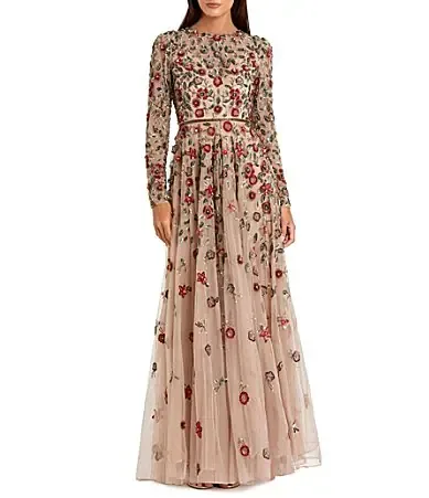 Mac Duggal Floral Beaded Crew Neck Long Sleeve Pleated Chiffon Gown