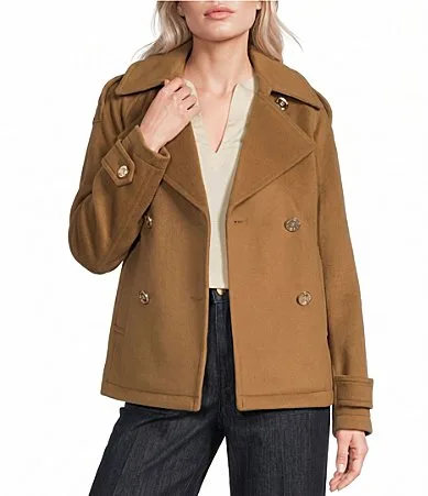 Wool Blend Notch Collar Button Front Double Breasted Peacoat by MICHAEL Michael Kors