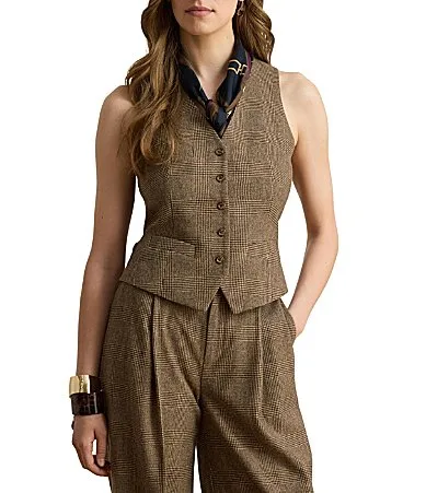 Lauren Ralph Lauren Coordinating Wool Glen Plaid V-Neck Sleeveless Vest