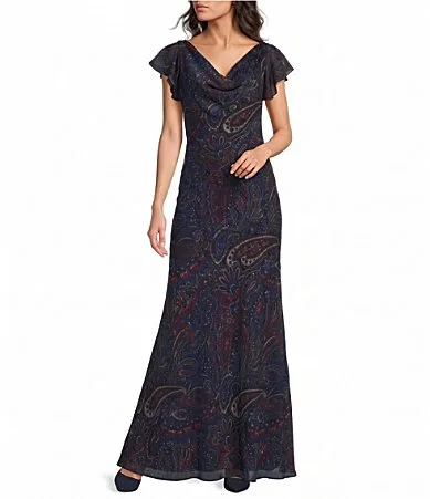 Lauren Ralph Lauren Paisley Clipped Jacquard Cowl Neck Cap Sleeve Gown by Ralph Lauren