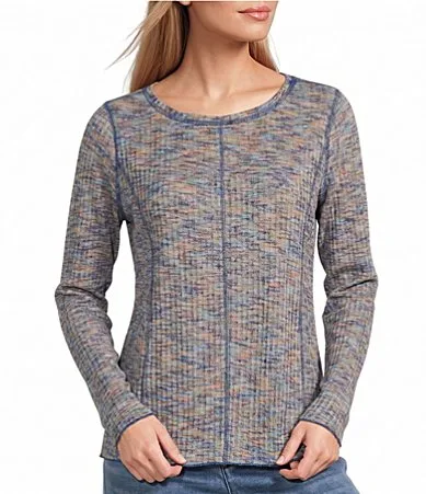 Knit Space Dyed Round Neck Long Sleeve Top by John Mark