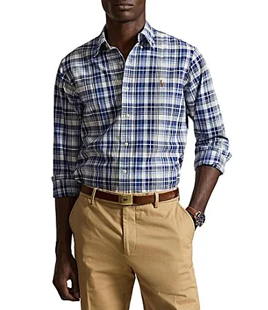 Classic Fit Mini Plaid Oxford Long Sleeve Woven Shirt by Polo Ralph Lauren