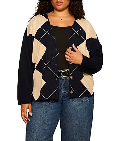 Arden Argyle V-Neck Long Sleeve Button Front Rolled Hem Cardigan by Sanctuary
