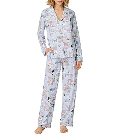 DKNY Frost Blue Winter City Print Notch Collar Long Sleeve Cozy Jersey Knit Pant Pajama Set by Donna Karan