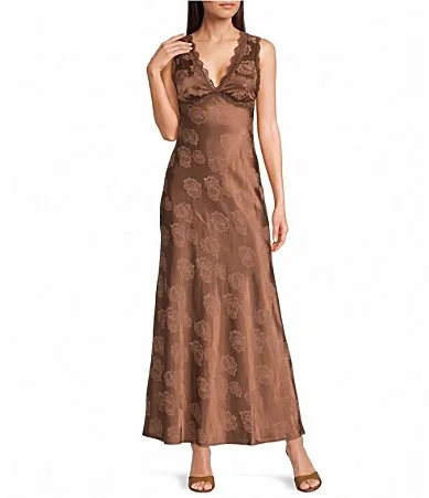 Satin Burnout Floral Printed Lace Trim V-Neck Maxi Dress by Allison & Kelly