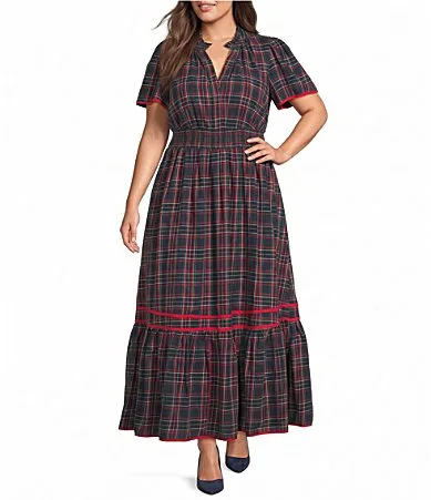 Chavisa Plaid Printed V-Neck Short Sleeve A-Line Maxi Dress by Sugarlips
