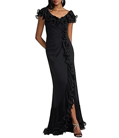 V-Neck Ruffle Front Crepe Gown by Tadashi