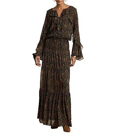 Lauren Ralph Lauren Crinkle Georgette Paisley Print Split Neck Long Sleeve Maxi Dress by Ralph Lauren