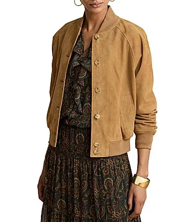 Lauren Ralph Lauren Suede Baseball Collar Long Sleeve Flight Jacket by Ralph Lauren