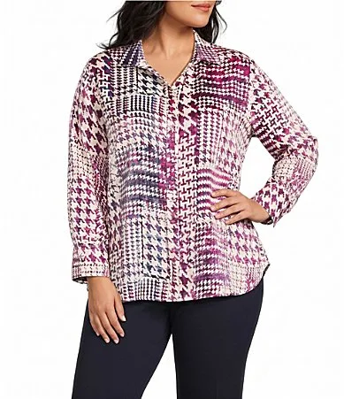 Woven Shimmer Printed Collared Y-Neck 34 Sleeve Button Front Shirt by Multiples