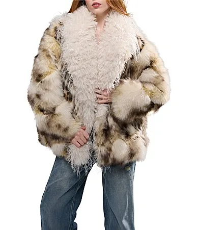 Vira-Cream Multi Faux Fur Shawl Collar Oversize Fit Jacket by Azalea Wang