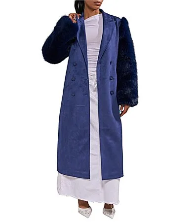 Lurielle Faux Suede Lapel Neck Faux Fur Long Sleeve Trench Coat by Azalea Wang