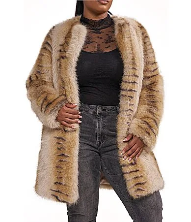 Elle Animal Print Faux Fur Collarless Single Breasted Jacket by Azalea Wang