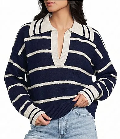 Striped Collared V-Neck Long Sleeve Sweater by Evolutionary