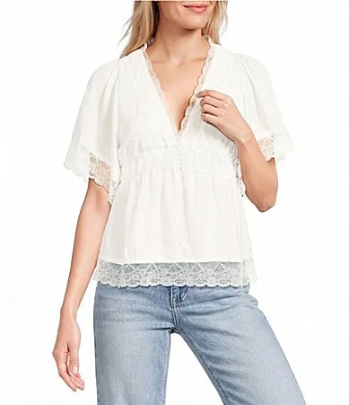 Deep V-Neck Lace Trim Short Sleeve Top