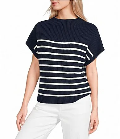 Striped Mock Neck Dolman Cap Sleeve Sweater by Blu Pepper