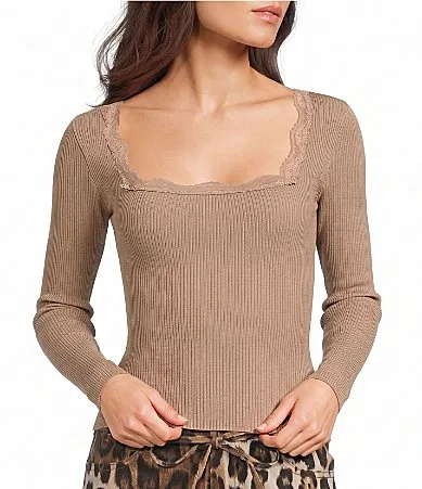 Square Neck Lace Trim Ribbed Knit Top by Blu Pepper