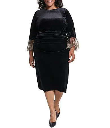 3/4 Sleeve Crew Neck Ruched Waist Velvet Sheath Dress by Jessica Howard