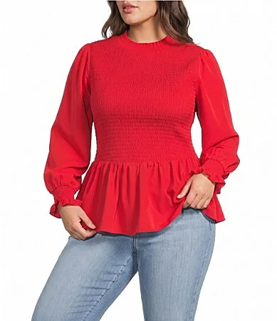 Rosalia Mock Neck Long Sleeve Smocked Peplum Top by Sugarlips