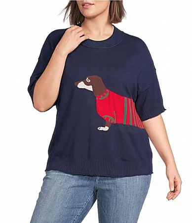 Dog Print Crew Neck Short Sleeve Sweater Knit Top by Sugarlips