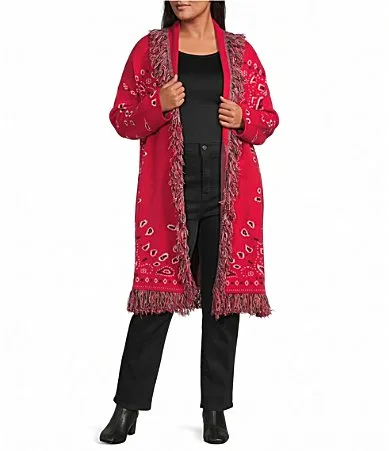 Bandana Printed Fringe Collared Long Sleeve Belted Wrap Cardigan by Sugarlips