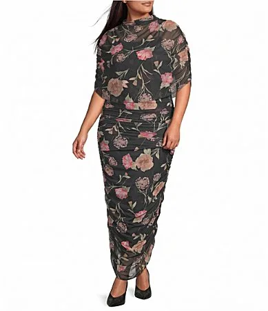 Jena Floral Mesh Mock Neck Half Sleeve Ruched Dress by Sugarlips
