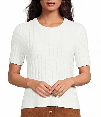 Round Neck Short Sleeve Cable Knit Top by A Loves a