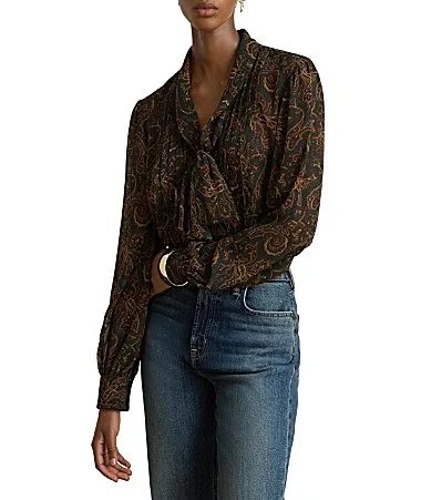 Lauren Ralph Lauren Crinkle Georgette Paisley Print Split Neck Long Sleeve Blouse by Ralph Lauren
